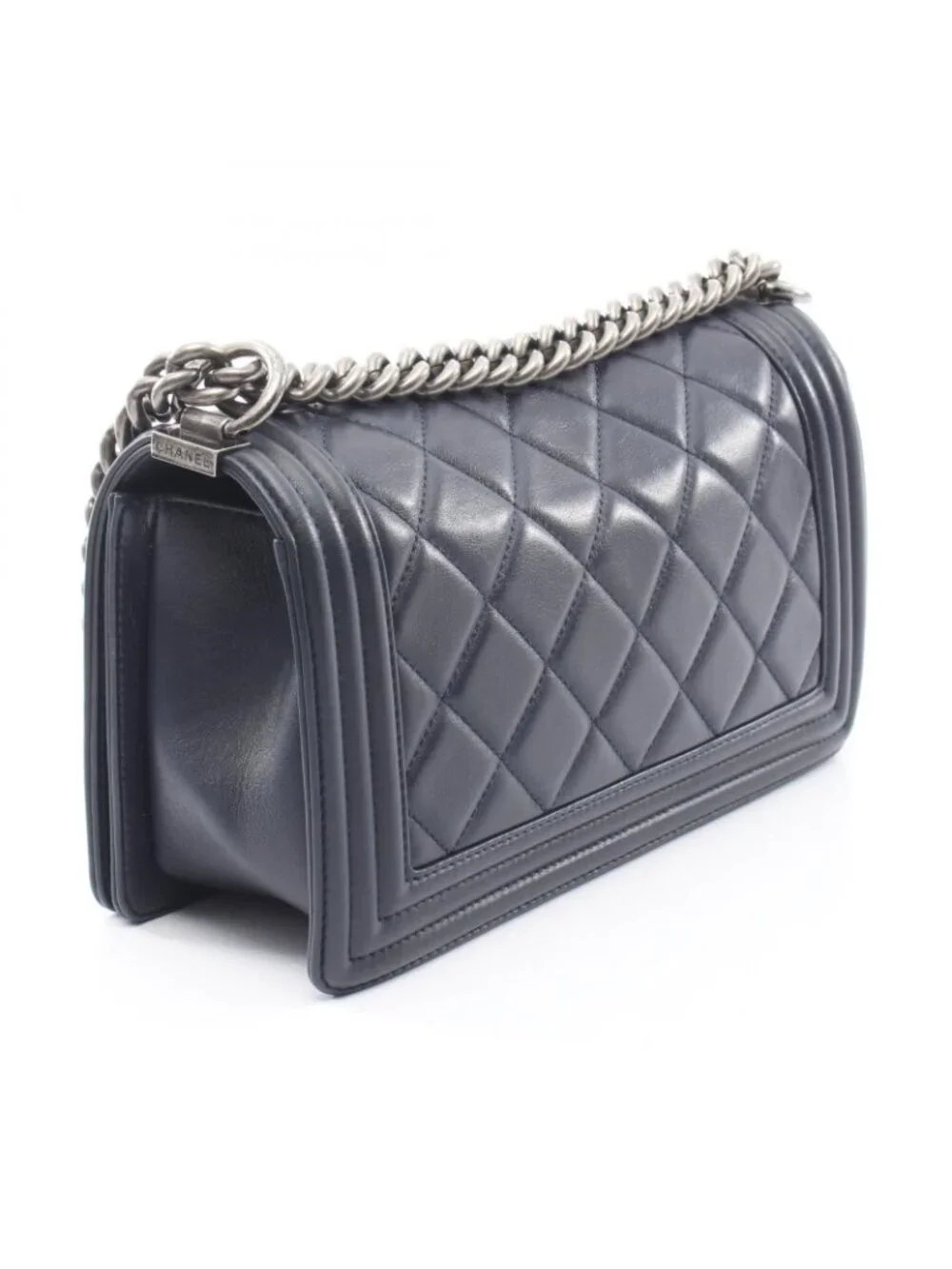 Chanel Shoulder Bag Boy Antique Silver Navy Lambskin Boy Chain